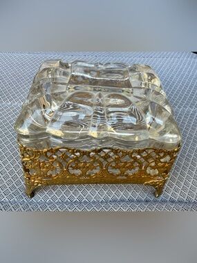 Antique Victorian Brass Filigree & Cut Glass Inkwell Trinket Box Footed